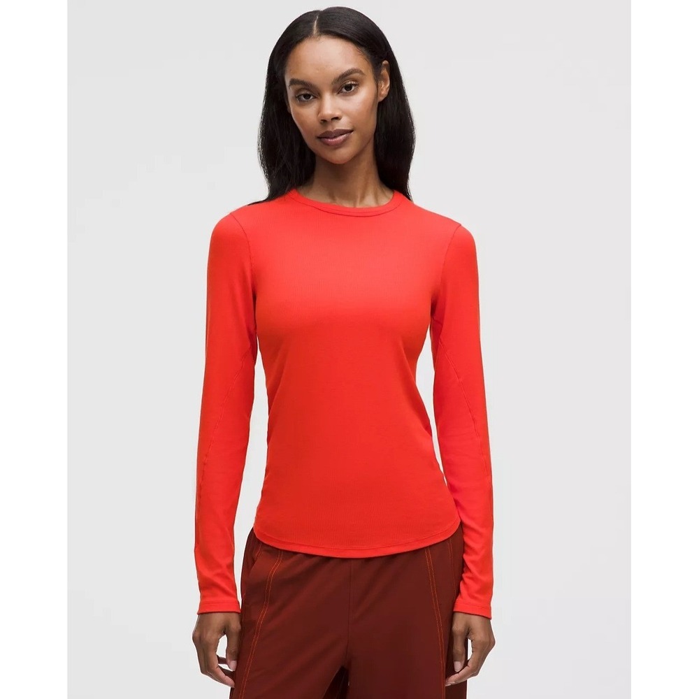 Lululemon Hold Tight Long Sleeve Shirt Cherry Ember Orange Ribbed Modal Size 2